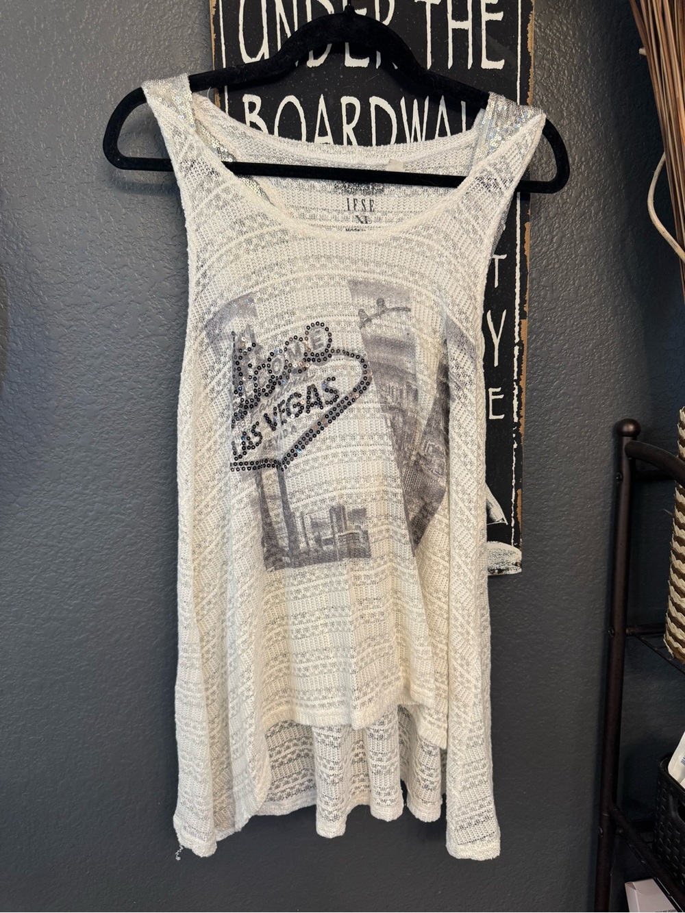 Beautiful Las Vegas Graphic Crochet Tank Top With Sequin Hood. XL